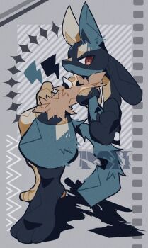 1other black_fur blue_fur body_fur closed_mouth commentary_request furry gen_4_pokemon highres lightning_bolt_symbol looking_at_viewer lucario multicolored_fur nintendo pokemon pokemon_(creature) pokemon_focus red_eyes rushin snout solo spikes tail yellow_fur