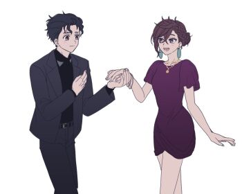 1boy 1girl ayase_momo black_hair black_jacket black_pants black_shirt bracelet braid brown_eyes brown_hair commentary_request crossed_bangs dandadan dress earrings feet_out_of_frame gold_necklace holding_hands jacket jewelry korean_commentary light_blush looking_at_another necklace official_alternate_costume open_clothes open_jacket open_mouth pants purple_dress rotomem shirt short_hair short_sleeves suit_jacket takakura_ken_(dandadan) white_background