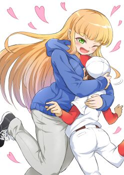 1boy 1girl absurdres age_difference baseball_cap baseball_uniform between_breasts black_shoes blonde_hair blue_hoodie breast_smother breasts brown_hair commentary_request face_to_breasts green_eyes grey_pants hat head_between_breasts highres hood hoodie hug jikkyou_powerful_pro_yakyuu long_hair natsume_jun one_eye_closed onee-shota pants pawahotel3021 power_pro_kun_pocket power_pro_kun_pocket_14 shoes sportswear standing standing_on_one_leg white_background
