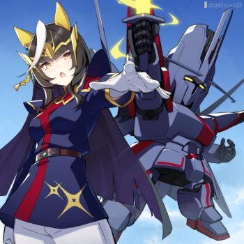 Rule 34 | 1girl, animal ears, belt, black hair, blue sky, breasts, calstone light o (umamusume), character request, commentary request, copyright request, cowboy shot, crossover, dark hound 3, energy sword, gloves, highres, holding, holding sword, holding weapon, horse ears, horse girl, looking at viewer, multicolored hair, open mouth, pants, robot, sky, streaked hair, sword, umamusume, weapon, white gloves, white pants, yellow eyes