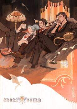 Rule 34 | 3boys, beard, black hair, black suit, black vest, blue hair, buggy the clown, cheseely, cigar, commentary, crocodile (one piece), crossed legs, cup, dracule mihawk, facial hair, formal clothes, hair slicked back, highres, holding, holding cigar, holding cup, hook hand, looking at viewer, makeup, male focus, multiple boys, one piece, ponytail, red nose, short hair, sitting, stitched face, stitches, suit, vest