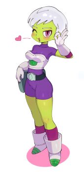 1boy alien bodysuit boots breasts cheelai colored_skin dragon_ball dragon_ball_super dragon_ball_super_broly gloves green_skin highres kojirou_(mesurf1) ok_sign one_eye_closed pink_eyes short_hair simple_background small_breasts turtleneck white_background white_gloves white_hair