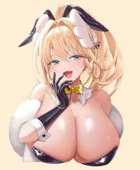 1girl :d absurdres animal_ears bare_shoulders black_gloves blonde_hair blush bow bowtie breasts cleavage commentary cropped_torso detached_collar earrings elbow_gloves fake_animal_ears fang gloves goddess_of_victory:_nikke green_eyes hair_between_eyes hair_intakes hand_to_own_mouth highres huge_breasts jewelry king_(dkdkdkdk_art) long_hair looking_at_viewer official_alternate_costume open_mouth ponytail rabbit_ears rupee_(nikke) rupee_(rabbit_deluxe)_(nikke) shiny_clothes shiny_skin sidelocks simple_background smile solo sparkle yellow_background yellow_bow yellow_bowtie