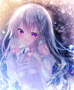 Rule 34 | 1girl, 9-nine-, :d, absurdres, ahoge, backlighting, blush, braid, breasts, cleavage, commentary request, commission, film grain, floating hair, frilled pajamas, frills, fuwa mochiri, green ribbon, grey hair, hair between eyes, hair ribbon, hands up, highres, holding, holding own hair, index finger raised, jam, light particles, long hair, looking at viewer, medium breasts, niimi sora, official alternate costume, open mouth, pajamas, purple eyes, ribbon, sidelocks, single bare shoulder, single braid, skeb commission, sleeves past wrists, smile, solo, upper body, very long hair, white pajamas