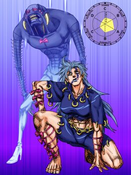 1girl 1other abs absurdres araki_hirohiko_(style) barefoot blue_eyes blue_lips blue_shirt blue_shorts bow centipede_tattoo ear_piercing eddybird55555 facial_tattoo feet full_body gradient_background grey_hair hand_on_floor highres himemushi_momoyo jojo_no_kimyou_na_bouken kneeling lipstick long_hair makeup midriff muscular muscular_female navel_piercing parody piercing pink_bow purple_background shirt short_sleeves shorts simple_background stand_(jojo) style_parody tattoo tongue tongue_out touhou very_long_hair