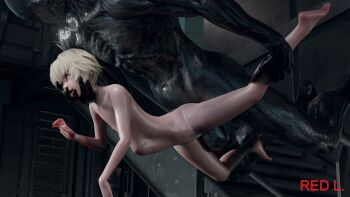 1girl 3d ahegao artist_name blue_eyes colored_skin completely_nude floating grey_skin hand_on_another&#039;s_chin highres loli monster nier nier_(series) nude outlast realistic red_l shiny_skin short_hair stomach_bulge vaginal walrider white_hair yonah