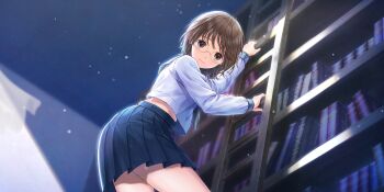 Rule 34 | 1girl, ass, blue reflection (series), blue reflection sun, blue skirt, book, bookshelf, brown eyes, brown hair, climbing ladder, closed mouth, from below, game cg, glasses, highres, indoors, kishida mel, ladder, long sleeves, looking at viewer, looking down, midriff, non-web source, official art, round eyewear, shirt, short hair, skirt, smile, solo, takaoka yukiko, thighs, white shirt