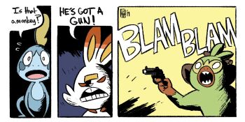 absurdres animal_ears blue_eyes comic english_text firing gen_8_pokemon grookey gun hellboy_(comic) highres is_that_a_monkey_(meme) meme monkey nintendo no_humans open_mouth parody pokemon pokemon_(creature) rabbit rabbit_ears red_eyes scorbunny scruffyturtles simple_background sobble starter_pokemon_trio style_parody water weapon