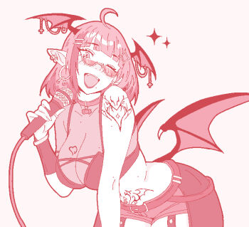 1girl ahoge belt blush breasts celebelian chest_tattoo choker cleavage collarbone commentary demon demon_girl earrings english_commentary fang glasses head_wings hoop_earrings jewelry large_breasts leaning_forward lipstick long_pointy_ears makeup medium_hair microphone one_eye_closed original pointy_ears pubic_tattoo shorts shoulder_tattoo singing solo solo_focus tattoo teeth upper_teeth_only waist_cape wings