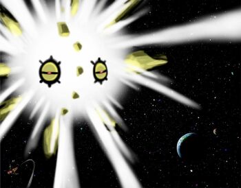 cosmo_(465lilia) deoxys deoxys_(normal) earth_(planet) explosion explosion_(pokemon) floating gen_3_pokemon giant glowing mythical_pokemon nintendo no_humans planet pokemon pun solrock space