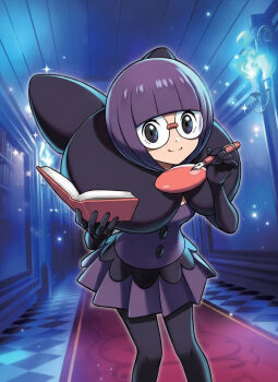 1girl artist_name blunt_bangs bob_cut book bow breasts character_name dress elbow_gloves glasses gloves holding holding_book holding_pen indoors knees_together_feet_apart large_bow leaning_forward looking_at_viewer morikura_en neck_pillow nintendo official_art pantyhose pen pleated_dress pokemon pokemon_bw pokemon_tcg purple_dress purple_hair rimless_eyewear round_eyewear shauntal_(pokemon) short_dress short_hair smile solo standing third-party_source three-quarter_sleeves