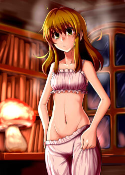 1girl absurdres after_bathing blonde_hair bloomers bra closed_mouth collarbone commentary_request groin highres indoors kirisame_marisa long_hair navel oninamako solo steam stomach touhou underwear white_bloomers white_bra yellow_eyes