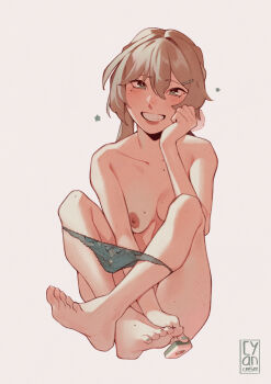 1girl arm_on_knee artist_logo blush breasts bright_pupils brown_hair collarbone crossed_ankles cyber_(cyanceebee) feet freckles full_body green_eyes grin hair_between_eyes hand_on_own_face hand_up happy highres holding holding_mahjong_tile honkai:_star_rail honkai_(series) knees_up logo looking_at_viewer mahjong mahjong_tile mole mole_on_breast nipples nude panties panties_around_ankles panty_pull qingque_(honkai:_star_rail) red_lips simple_background sitting small_breasts smile solo teeth uncensored underwear white_background white_pupils