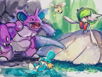 blue_skin colored_skin cutiefly dress elbow_gloves fangs gardevoir gen_1_pokemon gen_3_pokemon gen_7_pokemon gloves grass hanenbo highres horns insect_wings mega_gardevoir mega_pokemon mudkip nidoking nintendo open_mouth pink_eyes pokemon pokemon_(creature) purple_skin single_horn water white_dress white_gloves white_skin wings