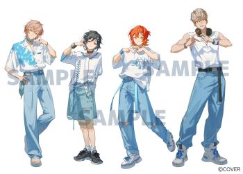 :d arm_behind_back arurandeisu bangle belt black_belt black_collar black_hair black_shoes blue_belt blue_choker blue_pants blue_shorts bracelet bracer chain chain_bracelet chain_leash chain_necklace choker collar commentary_request copyright_notice crew_neck cross-laced_clothes cross-laced_top dog_tags earrings flower four-finger_heart_hands full_body glasses green_eyes grey_hair grin hair_between_eyes hair_flower hair_ornament hairclip half-heart_hands half_updo hanasaki_miyabi hand_on_own_hip headphones headphones_around_neck heart heart_hands high_tops highres holostars jewelry kanade_izuru leash lightning_bolt lightning_bolt_hair_ornament lightning_bolt_symbol lineup long_belt looking_at_viewer male_focus necklace official_art open_mouth pants pants_tucked_in pink_hair print_shirt purple_eyes red-framed_eyewear red_hair rikka_(holostars) sample_watermark sandals shadow shirt shoes short_hair shorts simple_background single_earring sleeveless sleeveless_shirt smile sneakers socks sonomura splatter_print standing standing_on_one_leg three-quarter_sleeves toned toned_male torn_clothes torn_shorts v-shaped_eyebrows virtual_youtuber wallet_chain watch watermark white_background white_belt white_sandals white_shirt white_shoes white_socks wing_collar wristband wristwatch yellow_eyes