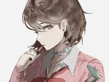 Rule 34 | 1girl, applying lipstick, applying makeup, bow, brown hair, cardigan, choker, commentary request, compact (cosmetics), cosmetics, earrings, flipped hair, gekkoukan high school uniform, hashtag-only commentary, heart, heart choker, holding, holding compact, holding lipstick tube, jewelry, k1kiwa, lipstick tube, long sleeves, looking at viewer, parted lips, persona, persona 3, pink cardigan, pink eyes, portrait, red bow, school uniform, short hair, simple background, solo, stud earrings, takeba yukari, white background, white choker, wing collar