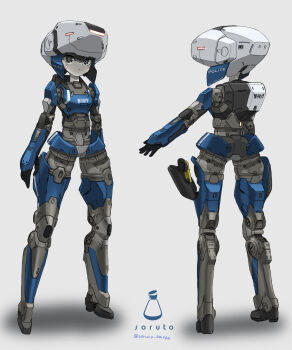 1girl arms_at_sides artist_name blue_eyes commentary_request from_behind grey_background gun handgun highres holster joints looking_at_viewer multiple_views original police robot_girl robot_joints science_fiction soruto_0w98e standing thigh_holster weapon
