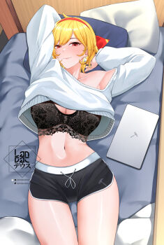Rule 34 | 1girl, alternate costume, armpits, arms behind head, arms up, black bra, black shorts, blonde hair, bra, breasts, cleavage, closed mouth, clothes lift, commentary, earrings, english commentary, hairband, highres, hololive, hololive indonesia, indoors, jewelry, kaela kovalskia, lace, lace bra, landacdeus, large breasts, lingerie, looking at viewer, lying, navel, on back, on bed, red eyes, red hairband, short hair, short shorts, shorts, smile, solo, stomach, sweater, sweater lift, swept bangs, underwear, virtual youtuber, white sweater