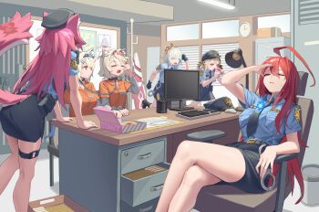 6+girls absurdres ahoge animal_ears bandaid bandaid_hair_ornament belt belt_pouch black_belt black_collar black_gloves black_hat black_necktie black_skirt blonde_hair blue_fire blue_hairband blue_shirt blue_streaks brown_hair cecilia_immergreen chain chain_leash chair closed_eyes clothing_cutout collar collared_shirt colored_inner_hair commentary computer_keyboard dog_ears dog_girl donut double-parted_bangs eating elizabeth_rose_bloodflame english_commentary fake_horns fire fire_on_chest food food_in_mouth fuwawa_abyssgard gigi_murin gloves green_hair grey_hair hair_between_eyes hair_intakes hair_ornament hairband hairclip hanho hat highres hololive hololive_english horn_hairband horns huge_ahoge indoors leash long_hair looking_at_another miniskirt mococo_abyssgard monitor multicolored_hair multiple_girls necktie on_chair one_eye_closed panther_girl panther_tail parallel_hairclips pencil_skirt pink_eyes pink_hair pink_hairband police police_hat police_uniform policewoman pouch prison_clothes raora_panthera red_eyes red_hair shirt shirt_tucked_in short_hair short_sleeves short_twintails siblings sisters sitting skirt standing streaked_hair tail tail_through_clothes thigh_strap twintails two-tone_hair two_side_up very_long_hair virtual_youtuber winding_key