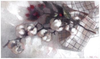 checkered_clothes cotton_(plant) cotton_boll flower handkerchief hgreeee leaf no_humans original painterly still_life