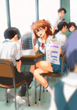 3boys 3girls akagi_ritsuko annoyed ayanami_rei blue_eyes blush brown_hair chair cheating_(relationship) crossed_legs desk embarrassed hair_between_eyes highres holding holding_paper ikari_shinji katsuragi_misato long_hair multiple_boys multiple_girls neon_genesis_evangelion open_mouth orange_hair paper school_chair school_desk school_uniform shirt sitting souryuu_asuka_langley spykeee tokyo-3_middle_school_uniform white_shirt