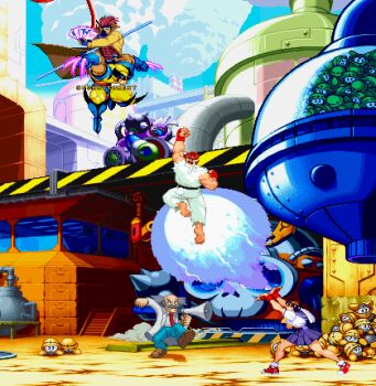 1girl 3boys beard capcom claws coat day dr._wily_(mega_man) facial_hair fireball gambit gloves headband jumping kasugano_sakura looking_at_another marvel marvel_vs._capcom mask mega_man_(classic) mega_man_(series) multiple_boys mustache old old_man red_hair robot ryu_(street_fighter) skirt skull staff street_fighter street_fighter_zero_(series) white_hair wolverine_(x-men) x-men x-men_'97