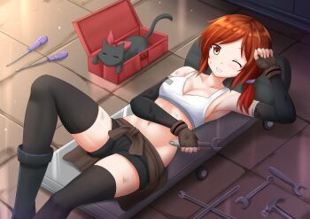 1girl ;d =_= arm_up armpits bare_shoulders black_gloves black_shorts black_thighhighs box breasts brown_eyes choker claw_hammer cleavage closed_eyes clothes_around_waist collarbone female_focus fingerless_gloves from_above gloves grin hair_tie hammer highres holding in_box in_container kazenokaze knee_up looking_at_viewer looking_up low_ponytail lying mechanic medium_breasts mud navel nichijou on_back one_eye_closed open_mouth orange_hair original ponytail red_ribbon ribbon ribbon_choker sakamoto_(nichijou) screwdriver short_hair shorts sideboob sleeping sleeveless smile solo stomach sweatdrop tank_top teeth thighhighs tile_floor tiles wrench