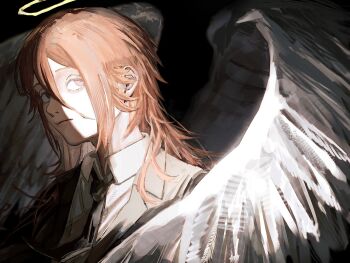 1boy absurdres angel angel_devil_(chainsaw_man) angel_wings black_jacket black_necktie black_suit business_suit chainsaw_man feathered_wings formal_clothes glowing glowing_halo halo highres jacket maru_myth necktie shirt_tucked_in suit suit_jacket traditional_halo white_wings wings