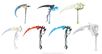 caesty chain commentary_request dated_commentary fire flaming_weapon flower korean_commentary nexon no_humans object_focus official_art production_art scythe simple_background tales_weaver weapon weapon_focus white_background white_flower