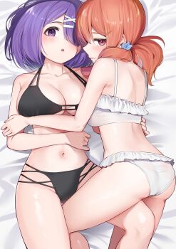 .live 2girls absurdres bikini black_bikini blush breasts cleavage closed_mouth commentary_request commission hcstyrus_ii highres kiso_azuki kitakami_futaba large_breasts leg_between_thighs multiple_girls navel orange_hair parted_lips pink_eyes purple_eyes purple_hair short_hair skeb_commission smile swimsuit twintails virtual_youtuber white_bikini yuri
