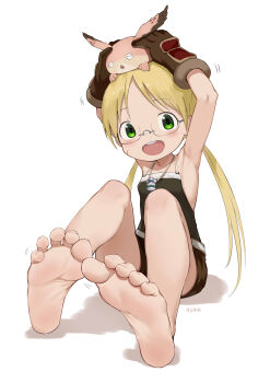 1girl :d absurdres aomoro armpits backless_shirt bare_legs bare_shoulders barefoot blonde_hair brown_shirt brown_shorts collarbone creature creature_on_head facial_scar feet foot_focus fur glasses green_eyes highres long_hair looking_at_viewer low_twintails made_in_abyss meinya_(made_in_abyss) open_mouth parted_bangs riko_(made_in_abyss) scar scar_on_cheek scar_on_face shadow shirt short_shorts shorts signature simple_background sitting smile soles toes twintails whistle whistle_around_neck white_background