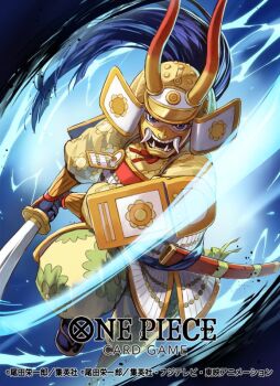 1boy armor blue_eyes blue_hair commentary_request copyright_name dutch_angle floating_hair floral_print holding holding_sword holding_weapon japanese_armor kikunojo_(one_piece) looking_at_viewer male_focus mask official_art one_piece one_piece_card_game sandals slashing socks solo sword uroko_(mnr) weapon