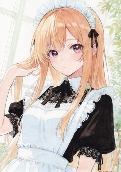 Rule 34 | 1girl, :/, absurdres, apron, black shirt, blonde hair, blush, commentary request, hand in own hair, highres, indoors, lace-trimmed apron, lace-trimmed sleeves, lace trim, long hair, looking at viewer, maid, maid apron, maid headdress, mannmaruu, original, puffy short sleeves, puffy sleeves, shirt, short sleeves, solo, straight hair, upper body, very long hair, white apron