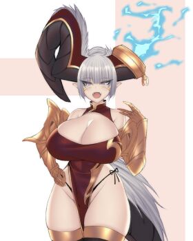 1girl adoptable arm_armor armored_gloves bare_shoulders black_horns black_thighhighs breasts cero_rains cleavage commentary cowboy_shot dress elbow_gloves english_commentary eyelashes fangs fire fishnet_thighhighs fishnets gloves grey_hair groin hand_on_own_hip hand_up highres horns large_breasts looking_at_viewer open_mouth original pointy_ears purple_background purple_eyes red_dress red_shoes shoes short_hair skindentation thick_thighs thighhighs thighs tongue