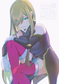 1girl bare_shoulders blue_eyes breast_press breasts brown_dress brown_hair brown_sleeves closed_mouth commentary_request detached_sleeves dress feet_out_of_frame gloves hair_behind_ear hair_over_one_eye invisible_chair knife komegura large_breasts leaning_forward light_blush long_hair looking_at_viewer pink_thighhighs sidelocks simple_background sitting sleeveless sleeveless_dress solo tales_of_(series) tales_of_the_abyss tear_grants thighhighs white_gloves