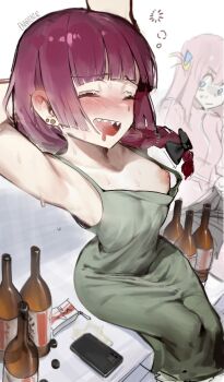 2girls absurdres armpits blunt_bangs blush bocchi_the_rock! bottle braid breast_slip breasts cellphone dress drunk enn_matien gotoh_hitori green_dress highres hiroi_kikuri jacket large_breasts long_hair multiple_girls nipples no_bra nose_blush open_mouth phone pink_hair pink_jacket pov purple_hair sharp_teeth smartphone smile solo_focus squeans sweat teeth track_jacket wardrobe_malfunction