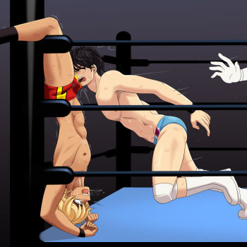 2boys bulge cutiemoan disembodied_hand face_in_crotch highres keiichirou_(mixedfight) knee_pads male_focus multiple_boys shoving upside-down wrestling wrestling_ring