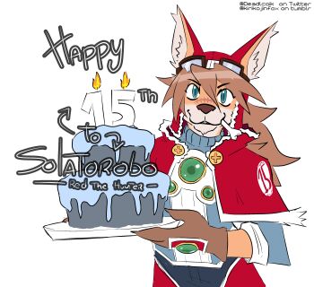 1boy absurdres animal_ears artist_name cake deadlcoik dog_boy food furry furry_male goggles goggles_on_headwear happy_anniversary highres holding holding_cake holding_food little_tail_bronx red_savarin scar solatorobo sword weapon