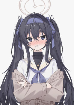 1girl absurdres alternate_hairstyle black_hair blue_archive blue_eyes blue_hairband blue_neckerchief blue_ribbon blush brown_cardigan brown_halo cardigan commentary crossed_arms hair_ribbon hairband halo highres jewelry lisu long_hair long_sleeves looking_at_viewer neckerchief nose_blush parted_lips pendant ribbon sailor_collar sailor_shirt shirt simple_background solo twintails ui_(blue_archive) upper_body very_long_hair white_background white_sailor_collar