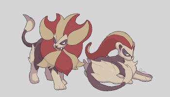 absurdres animal_focus blue_eyes commentary_request fangs full_body gen_6_pokemon grey_background highres lion nintendo no_humans ouran pokemon pokemon_(creature) pyroar pyroar_(female) pyroar_(male) signature simple_background sitting