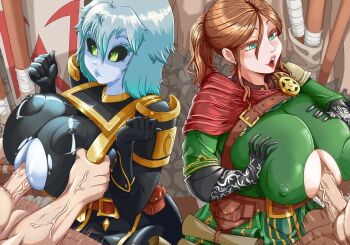 2boys 2girls anasteria armor belt black_sclera blush breasts breasts_squeezed_together brown_hair capelet cleavage cleavage_cutout closed_mouth clothed_paizuri clothing_cutout colored_sclera colored_skin flag gauntlets grabbing_another's_breast green_eyes grey_hair grey_skin grim_dawn groping hair_between_eyes highres huge_breasts insignia kneeling korinia large_breasts lips lipstick makeup motion_lines multiple_boys multiple_girls nipples open_mouth paizuri paizuri_under_clothes penis perpendicular_paizuri ponytail pouch redoart scroll shine shoulder_pads sitting surprised torn_clothes wall