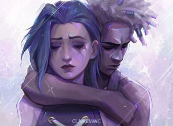 1boy 1girl arcane:_league_of_legends arcane_jinx asymmetrical_bangs bare_shoulders blue_hair braid clairemwc closed_eyes closed_mouth commentary dark-skinned_male dark_skin dreadlocks ekko_(league_of_legends) english_commentary grey_background highres hug hug_from_behind jinx_(league_of_legends) league_of_legends long_hair short_hair tattoo twin_braids upper_body
