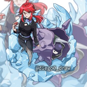Rule 34 | 1girl, ahoge, artist name, black skirt, black suit, breasts, burugozu, cloyster, formal clothes, gen 1 pokemon, glasses, hand up, highres, holding, holding poke ball, ice, instagram username, jacket, large breasts, long hair, long sleeves, lorelei (pokemon), low-cut, nintendo, official style, oyster, pantyhose, parted lips, pencil skirt, poke ball, poke ball (basic), pokemon, pokemon (creature), pokemon lgpe, ponytail, red eyes, red hair, rimless eyewear, sidelocks, skirt, skirt suit, spiked shell, suit, suit jacket, swept bangs, tsurime, turtleneck, undershirt