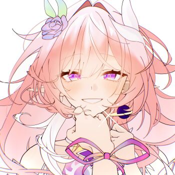 1girl absurdres cyrene_(honkai:_star_rail) cyrene_(ripples_of_past_reverie)_(honkai:_star_rail) diamond-shaped_pupils diamond_(shape) dress earrings flower hair_flower hair_ornament hechima_kana highres honkai:_star_rail honkai_(series) jewelry pink_hair planet_earrings pointy_ears purple_eyes saturn_(planet) simple_background solo symbol-shaped_pupils upper_body white_background white_dress
