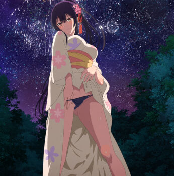 1girl absurdres anime_screenshot bare_legs black_panties breasts closed_mouth clothes_lift feet_out_of_frame female_focus fireworks floral_print floral_print_kimono flower hair_flower hair_ornament hair_ribbon haite_kudasai_takamine-san high_ponytail highres japanese_clothes kimono kimono_lift large_breasts lifting_own_clothes long_hair long_sleeves outdoors panties panty_pull ponytail print_kimono pulling_own_clothes purple_hair red_eyes red_ribbon ribbon sidelocks sky solo standing star_(sky) starry_sky stitched takamine_takane thighs third-party_edit underwear very_long_hair white_kimono yukata