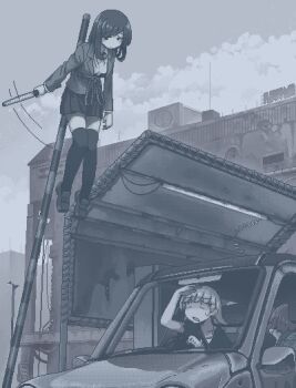 3girls blazer blue_theme boom_barrier breasts building car comedic_sweatdrop dithering driving expressionless hamsterfragment hand_up hanging holding jacket jaggy_lines lamppost lapels long_sleeves medium_hair miniskirt monochrome motion_lines motor_vehicle multiple_girls no_nose notched_lapels open_mouth original outdoors pleated_skirt road_sign rope sanpaku school_uniform shading_eyes shirt short_sleeves sign sitting skirt shinohata_sachie_(hamsterfragment) thighhighs traffic_baton waving_arm zettai_ryouiki