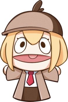 1girl blonde_hair brown_hat brown_jacket commentary english_commentary hair_between_eyes hat hololive hololive_english jacket moon_ldl necktie open_clothes open_jacket open_mouth outstretched_arms puppet red_necktie shirt solo spread_arms transparent_background virtual_youtuber watson_amelia watson_amelia_(1st_costume) white_shirt