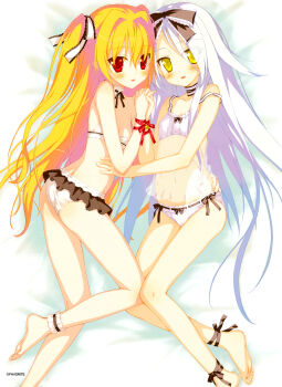 2girls absurdres ankle_garter ankle_ribbon ass bare_shoulders barefoot blonde_hair blush bow bow_panties bra breasts choker cleavage feet highres hoshizora_no_memoria image_sample irotoridori_no_sekai leg_ribbon lingerie loli long_hair looking_at_viewer mare_s._ephemeral multiple_girls navel nikaidou_shinku official_art panties red_eyes ribbon ribbon-trimmed_underwear ribbon_choker ribbon_trim shida_kazuhiro small_breasts smile strap_slip two_side_up underwear underwear_only very_long_hair white_bra white_hair white_panties yellow_eyes