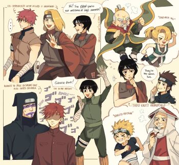 >_< ... 2girls 6+boys aged_down alternate_universe anger_vein bandaged_arm bandages black_eyes black_hair black_shirt blonde_hair blue_eyes bowl_cut brothers brown_hair clenched_hands commentary deidara_(naruto) english_commentary english_text facial_hair facial_mark forehead_protector gaara_(naruto) goatee goggles goggles_on_head grey_hair hair_over_one_eye hand_mouth head_tattoo highres hokage holding holding_smoking_pipe hood hood_up iwagakure_symbol kankurou_(naruto) konohagakure_symbol kurotsuchi_(naruto) long_sleeves looking_at_another multiple_boys multiple_girls mustache naruto:_the_last naruto_(classic) naruto_(series) naruto_shippuuden old old_man oonoki_(naruto) red_hair rock_lee sandals sarutobi_hiruzen sarutobi_konohamaru sasori_(naruto) scroll shirt shorts siblings single_sleeve smoking_pipe speech_bubble spoken_ellipsis steohsama sunagakure_symbol teeth thick_eyebrows tongue tongue_out uzumaki_naruto whisker_markings white_shorts wide_sleeves