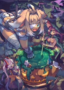 Rule 34 | 1girl, absurdres, animal ears, bandage on face, bandage over one eye, bandaged arm, bandaged chest, bandaged hand, bandaged head, bandaged leg, bandaged neck, bandaged waist, bandaged wrist, bandages, breasts, brown hair, castle, chakeol (p&amp;d), character request, full moon, green eyes, highres, kuuron (moesann17), large breasts, long hair, moon, naked bandage, open mouth, pumpkin, puzzle &amp; dragons, tears, wolf ears